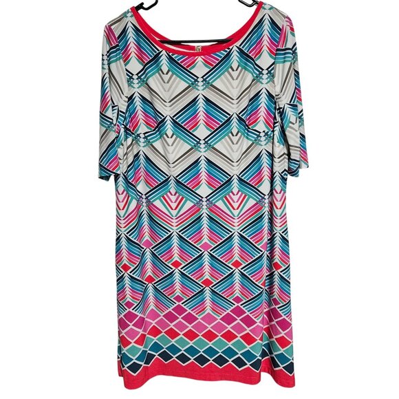Eliza J Shift Dress Womens Size 16 Geometric Print Blue Pink White Back Zipper - Picture 1 of 9